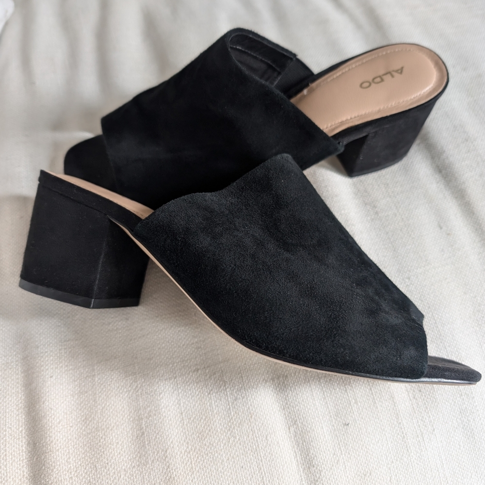 Aldo Black Suede Block Heel Mules